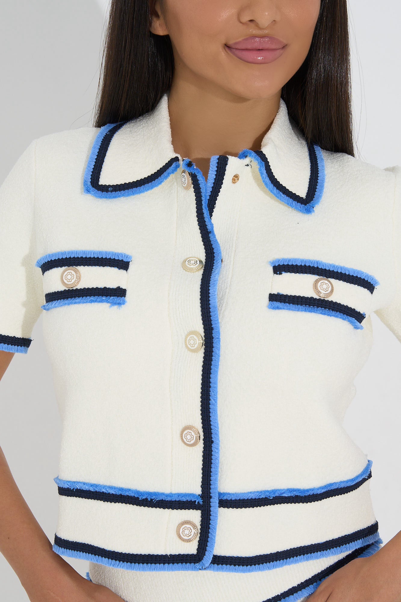 Clarisse white-blue knitted cardigan skirt matching set